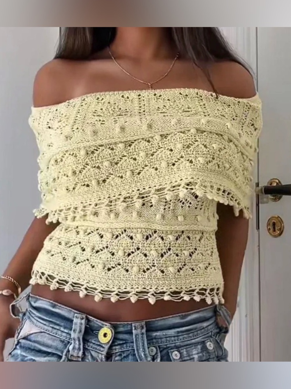 Zara Pale Yellow Off-Shoulder Crochet Crop Top